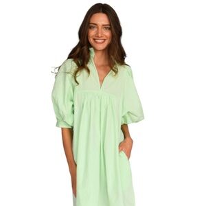 Light Green Puff-Sleeve Cotton Dress - Casual Women's Dress